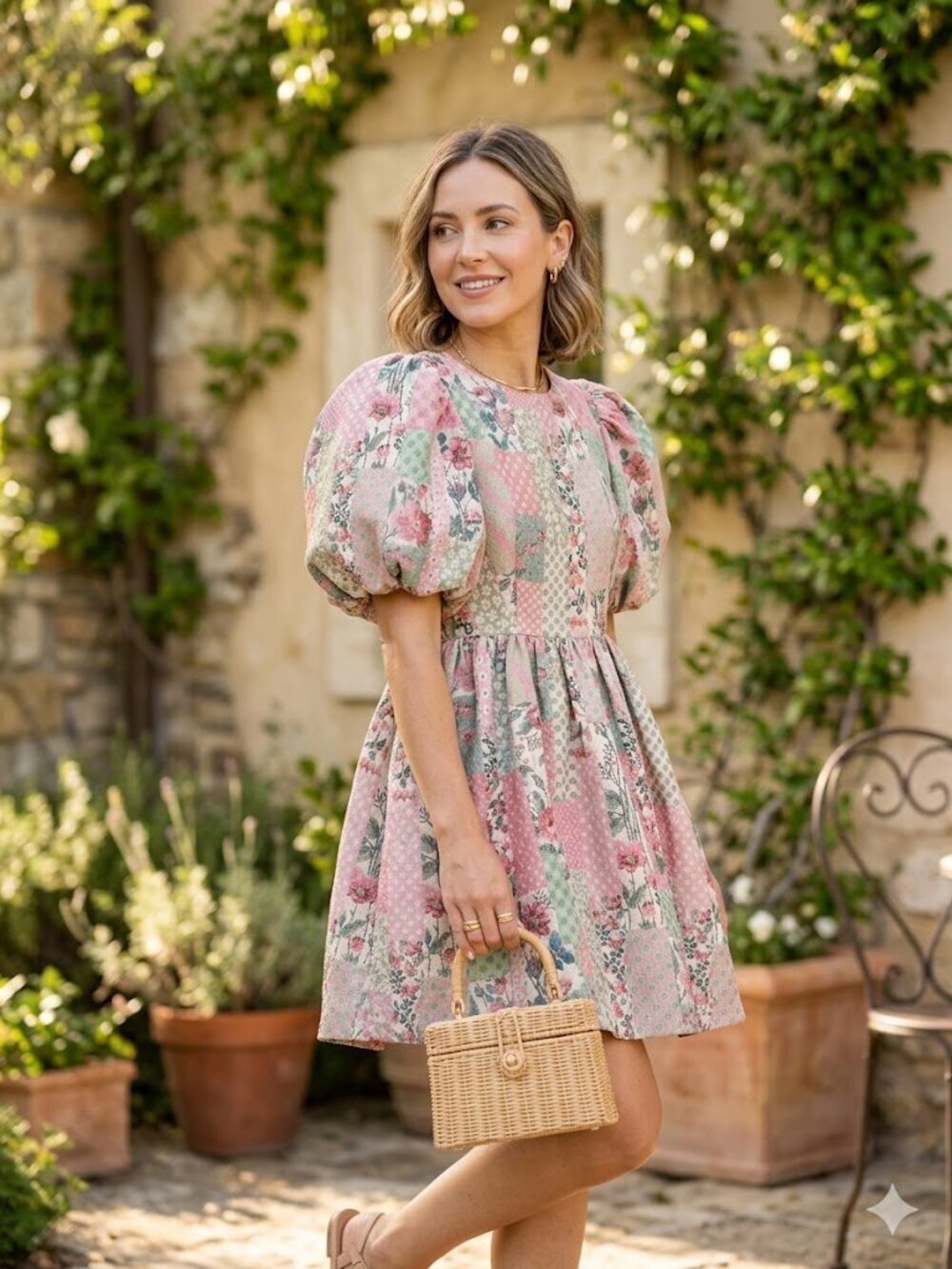 Jacquie the Label Pink Ivy Sage Patchwork Design Puff Sleeve Mini Dress Small
